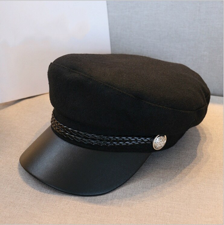 Pu læderhat efterår vinter uld sømandshat til kvinder mænd sort flad top rejse baret hat kaptajn cap: Sort
