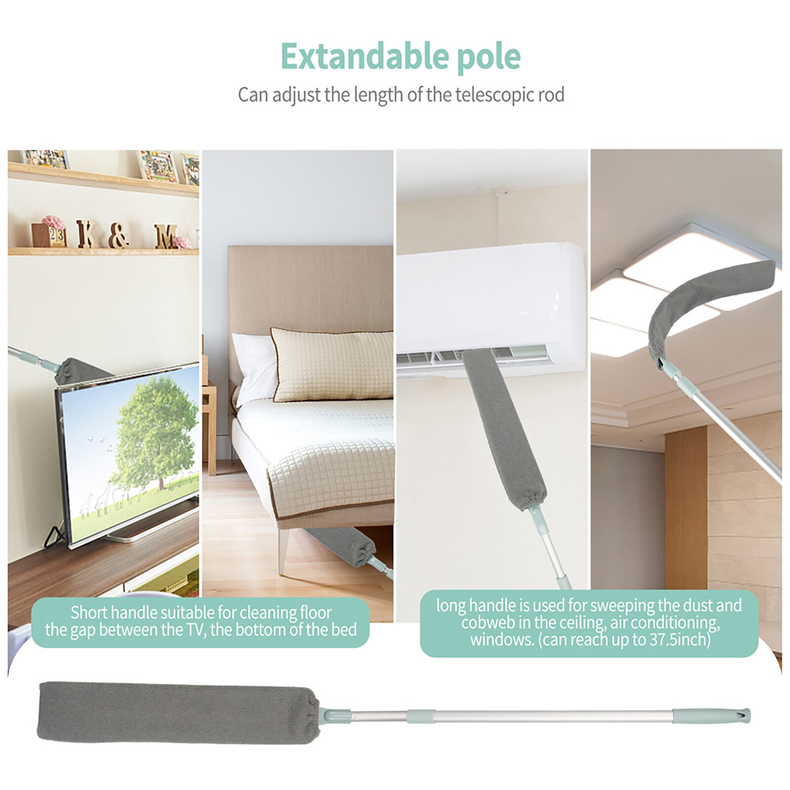 Cepillo de polvo extensible con varilla telescópica de acero inoxidable, barredora de fregona de mango largo, cepillo de limpieza de huecos, limpieza en seco y húmedo