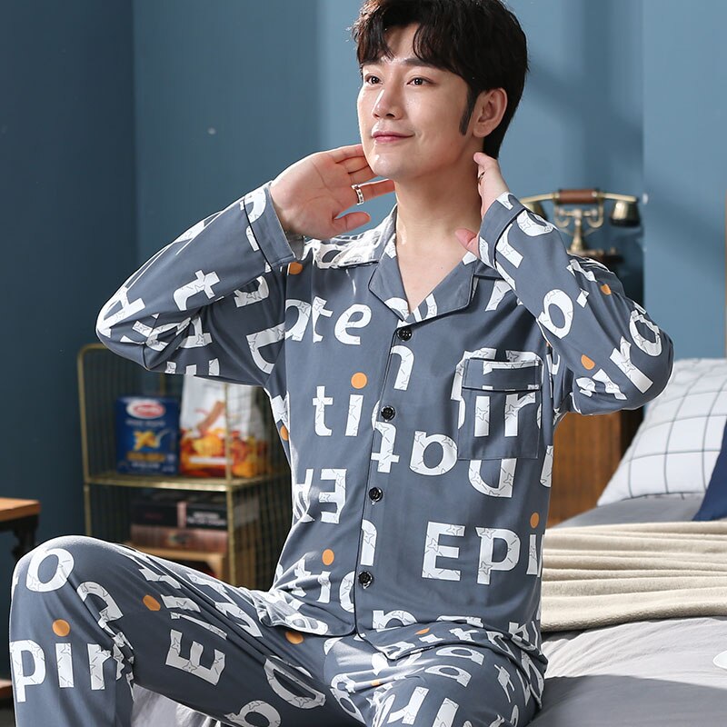 primavera y otoño 100% pijamas de algodón impreso traje de 2 piezas pijamas simples para hombres solapa casual suave pijamas servicio de hogar