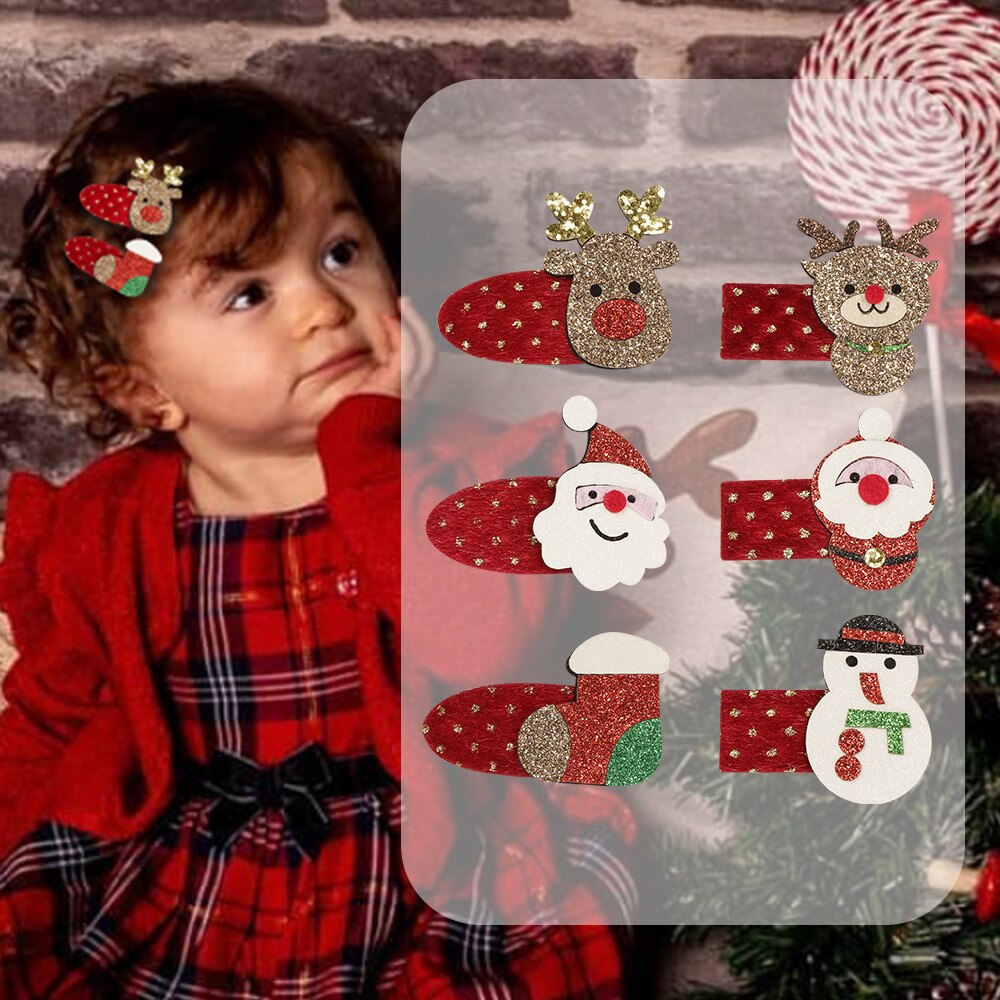 OPPOHERE Cute girl Christmas Bows Hair Clips style Glitter Elk Santa red Colors Hairpin For Kids Festival