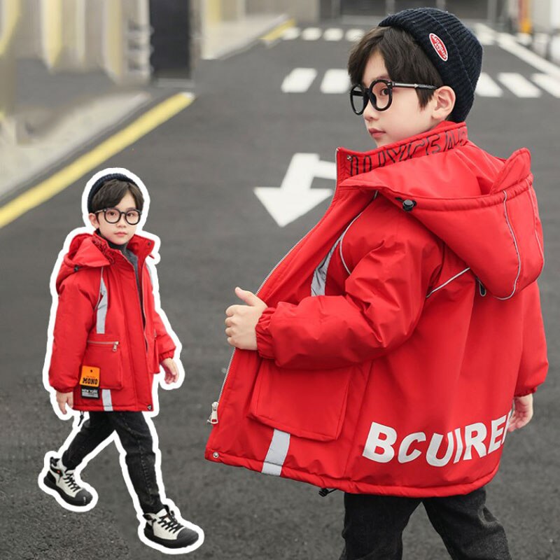 Chaqueta de algodón con capucha para niños, ropa de abrigo gruesa y cálida con estampado de letras, para invierno, de 4 a 12 años