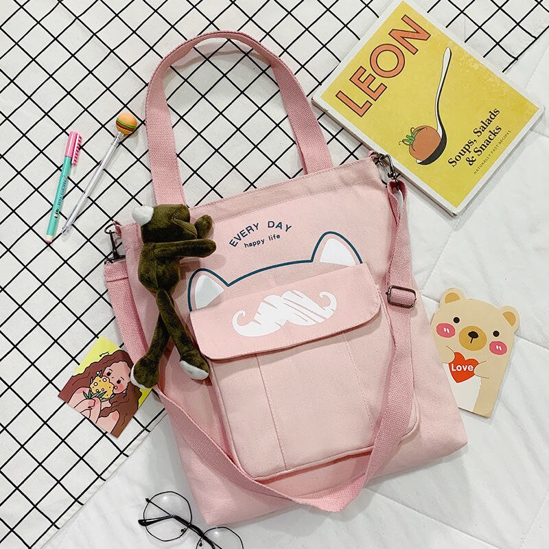 Grote Capaciteit Canvas Tas Schooltas Wilde Vrouwen Crossbody Tassen Cartoons Vrouwen Handtassen Schoudertassen Snor Tote Boodschappentas: Pink with Frog