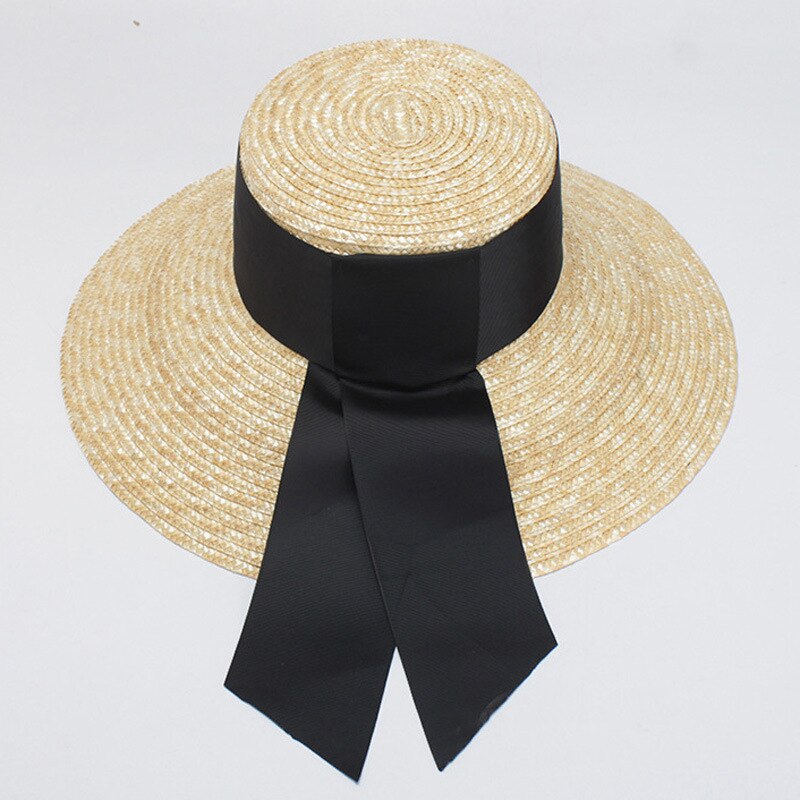 Sommer solhat kvinder bred side sort bånd stråhatte solskærmshatte strand solhatte med 13cm bred skygge dame retro: Default Title