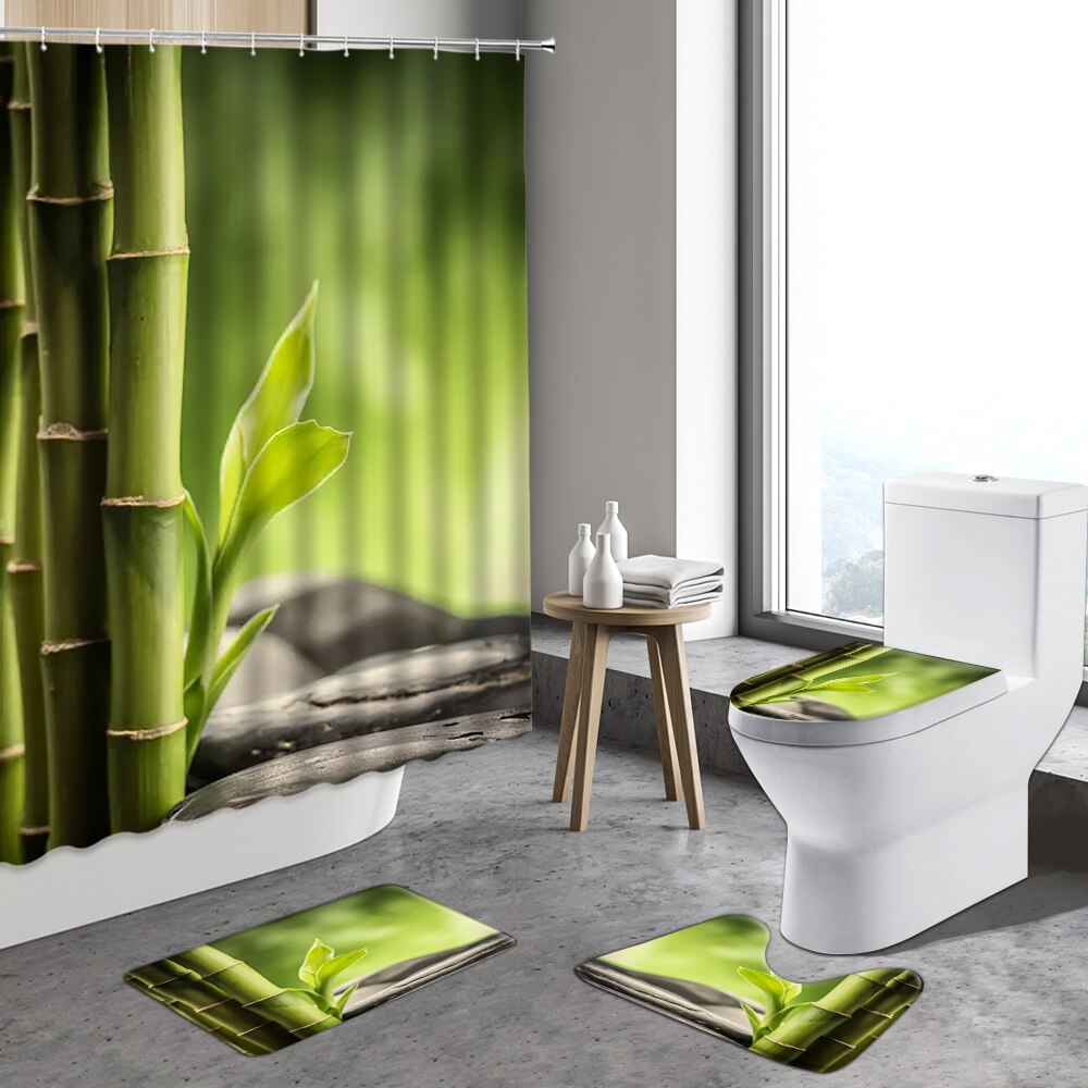 4pcs Zen Stone Shower Curtain Green Bamboo Orchid Flower Plants Anti-Slip Bath Mats Toilet Lid Cover Bathroom Decor Carpet Rugs