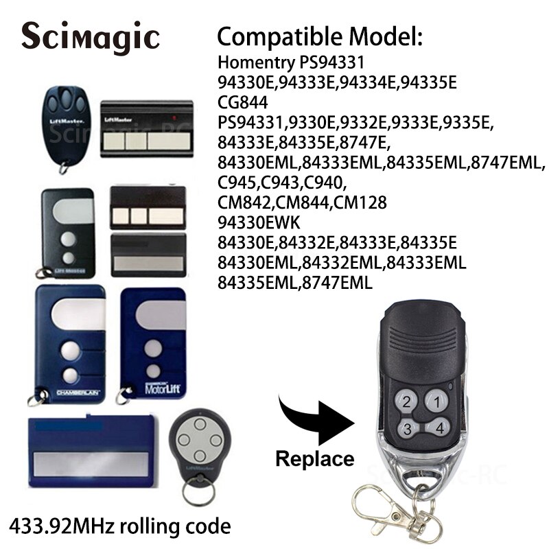 1 pièces Chamberlain Liftmaster Motorlift 94335E 84335EML 84330EML 84333EM remplacement télécommande porte 433.92mhz code roulant: SMG-015