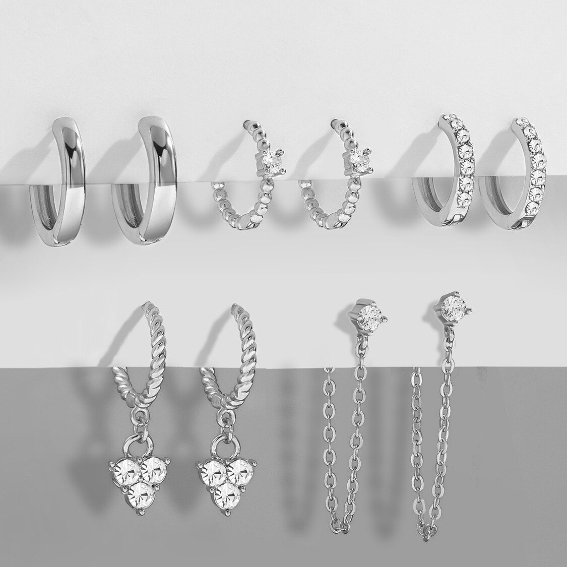 5 paia di orecchini a cerchio piccoli in rame a torsione rotonda di moda per le donne Set di gioielli per orecchini a catena lunga in lega di Krystal regali per feste: Silver A12-5-4-4