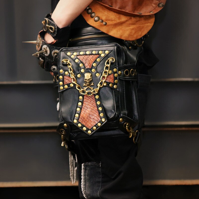 Steampunk, sac ceinture en cuir pour femmes, sacs aux jambes de moto, bandoulière avec support coque de téléphone, sacs noirs, nouveauté: HG086