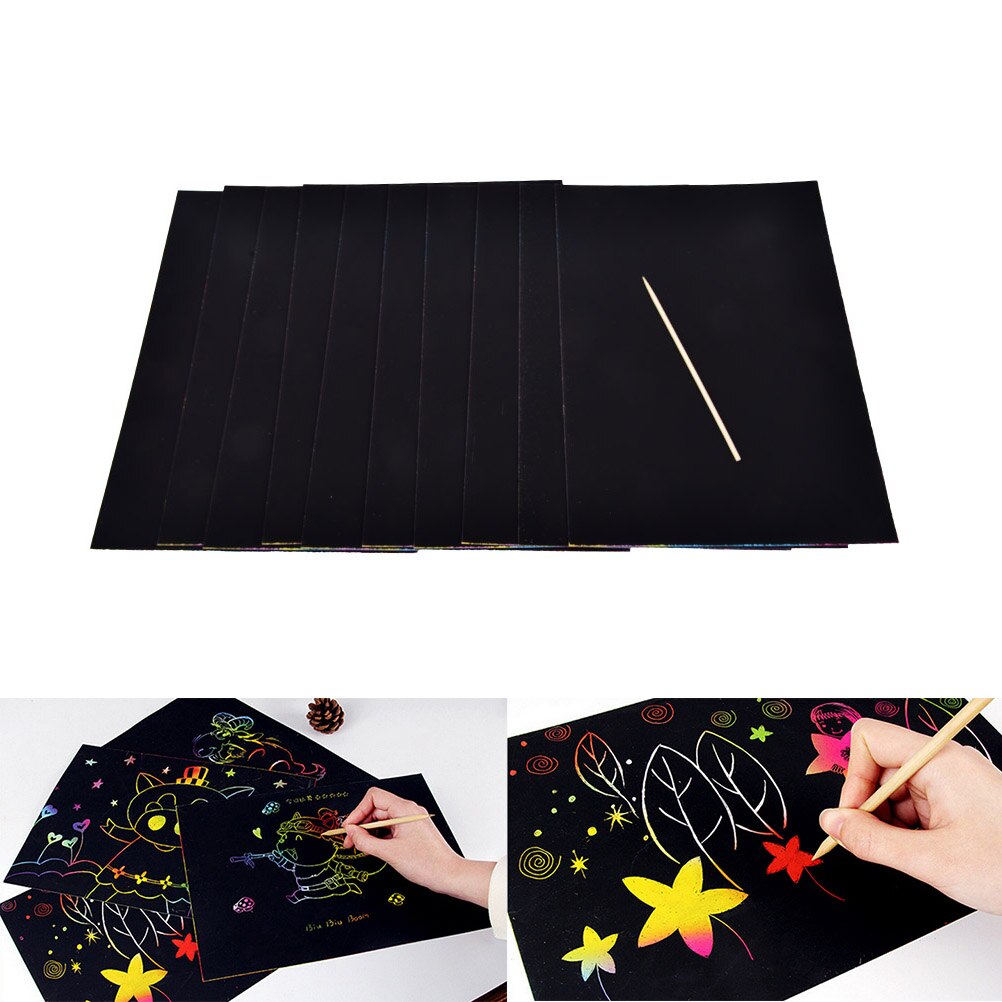 10Sheets 16K Kids Painting Set Scratch Sheets Paper Colorful Magic Scratch Painting Paper With Drawing Stick Pens Scratch