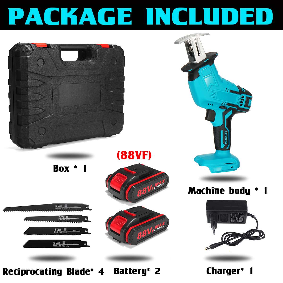 88V Cordless Reciprocating Saw Adjustable Speed Chainsaw Wood Metal PVC Pipe Cutting Reciprocating Saw Garden Power Tool