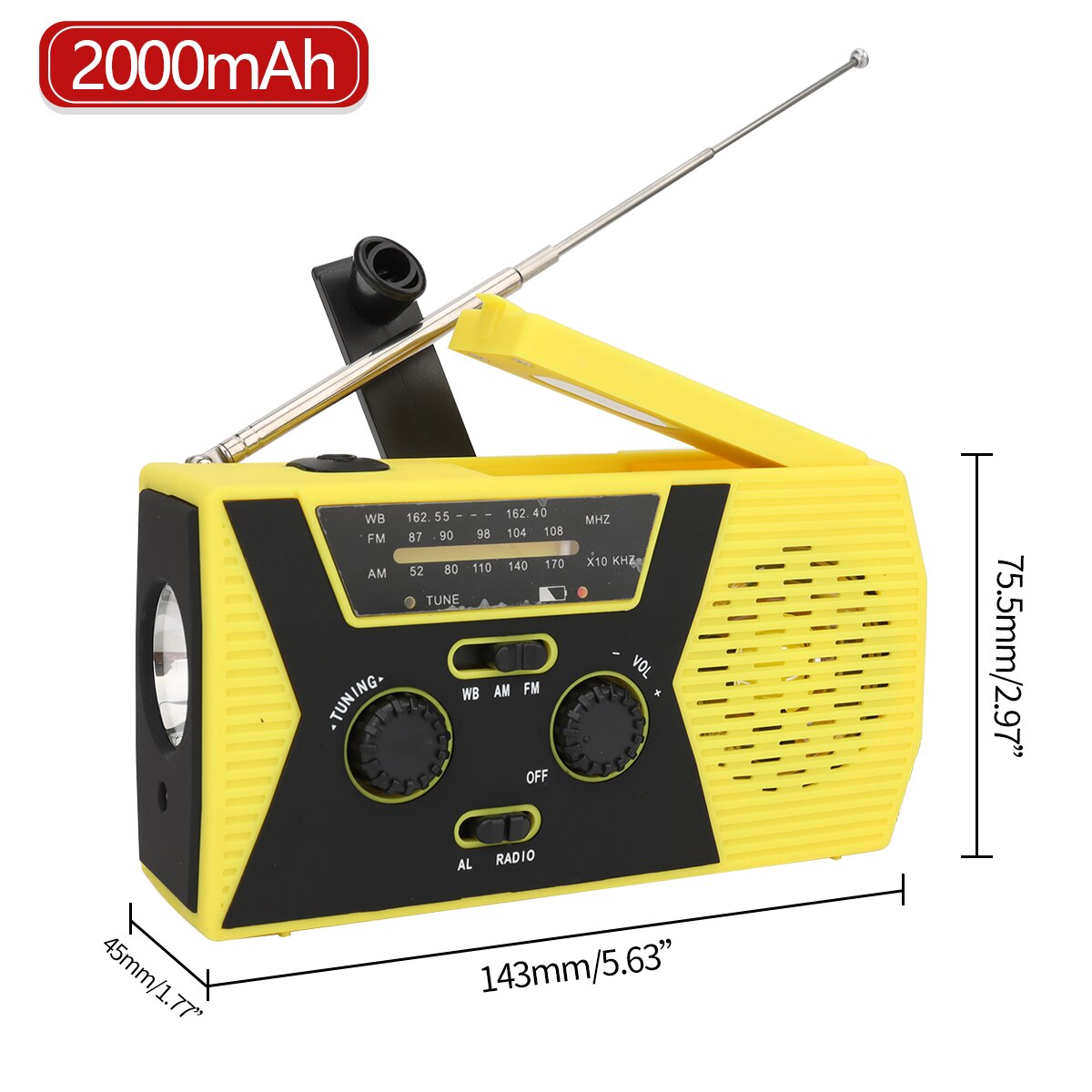Abbree IPX5 Waterdicht Emergency Radio Am Fm Hand Crank Battery Operated Solar Radio Met Led Zaklamp Bureaulamp Sos Alert: yellow(2000mah)