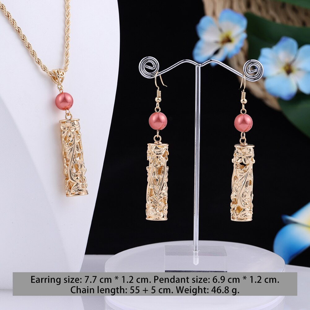 Cring Coco Earrings Necklace Set Hawaiian Polynesian Samoa Gold Hollow out Pearl Pendant Necklace Jewelry Set for Women