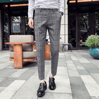 Hoge lente heren geruite casual broek slanke trendy geruite kleine broek koreaanse stijl kleine voeten lange broek