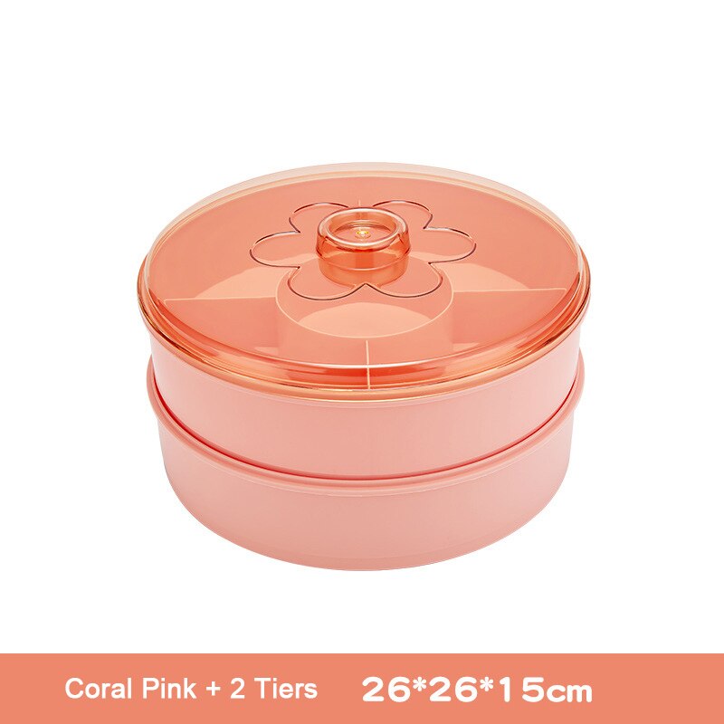 Rotating Snack Box Plastic Food Storage Organizer Candy Nuts Serving Container Divided Compartments Party Snack Plate with Lid: Pink 2 Tiers