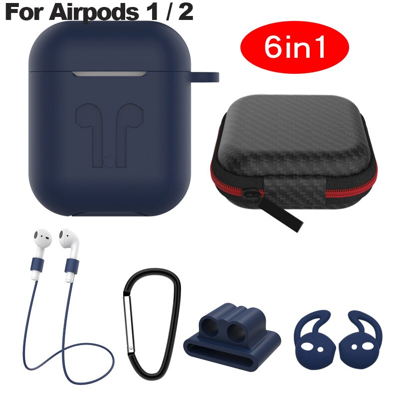 6 In-1 Case Lanyard Karabijnhaak Beschermhoes Voor Airpods 2 3 Hoofdtelefoon Siliconen Cover Voor Air Pods 2 3 Pro Case Accessoires Doos: blue for airpod 1 2