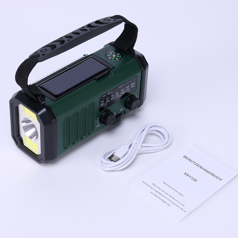 10000mAh Hand Crank Radio LED Emergency Weather Radio Flashlight Reading Lamp Type-C Charging Solar AM/FM/WB Radio with Compass