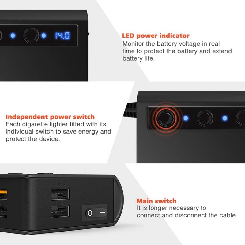 4 cargadores de coche USB, 180W de alta potencia Qc 3,0 interruptor independiente cargador de coche 3 en 1 Adaptador de coche