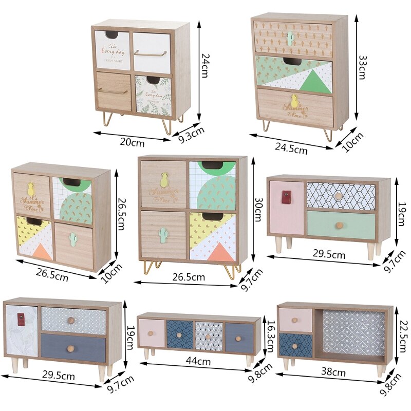 Wooden Drawer Storage Box Desktop Dividers Organizer Cute Cactus Pattern Makeup Cosmetic Container Jewelry Shelf Cabinet
