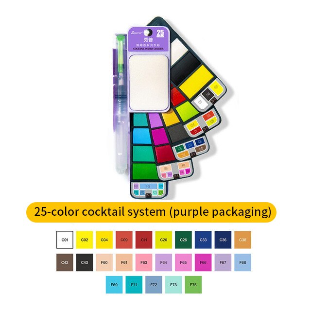 Superior 42Colors Big Set Solid Watercolor Paint With Water Brush Pen Foldable Travel Water Color Pigment For Beginner Student: 25 color purple
