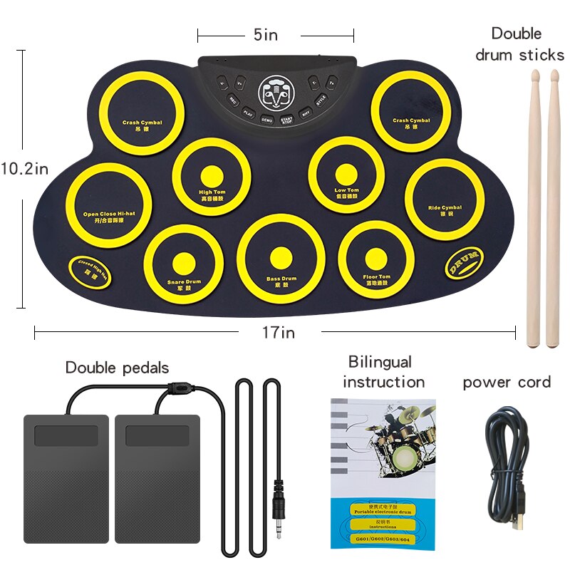 Compact Size USB Roll-Up Silicon Drum Set Digital Electronic Drum Kit 9 Drum Pads with Drumsticks Foot Pedals
