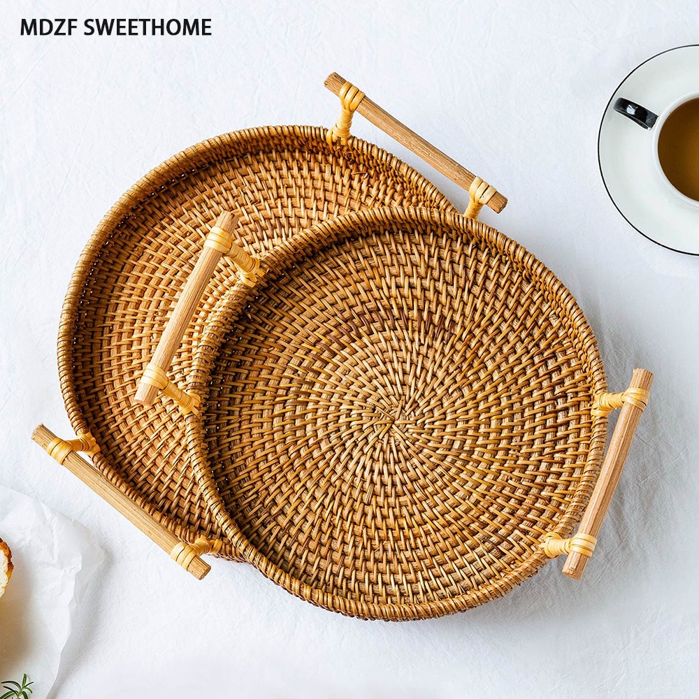 Mdzf sweethome 22/24cm rottinki säilytysalusta pyöreä ruokakori kahvalla käsin kudottu rottinki tarjotin leipä hedelmät ruoka keittiön säilytys