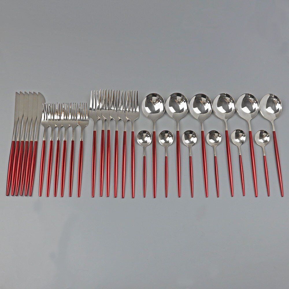30 st svart guld servis set 18/10 rostfritt stål porslin bestick set enkel middag kniv gaffel sked cutler: Rött silver