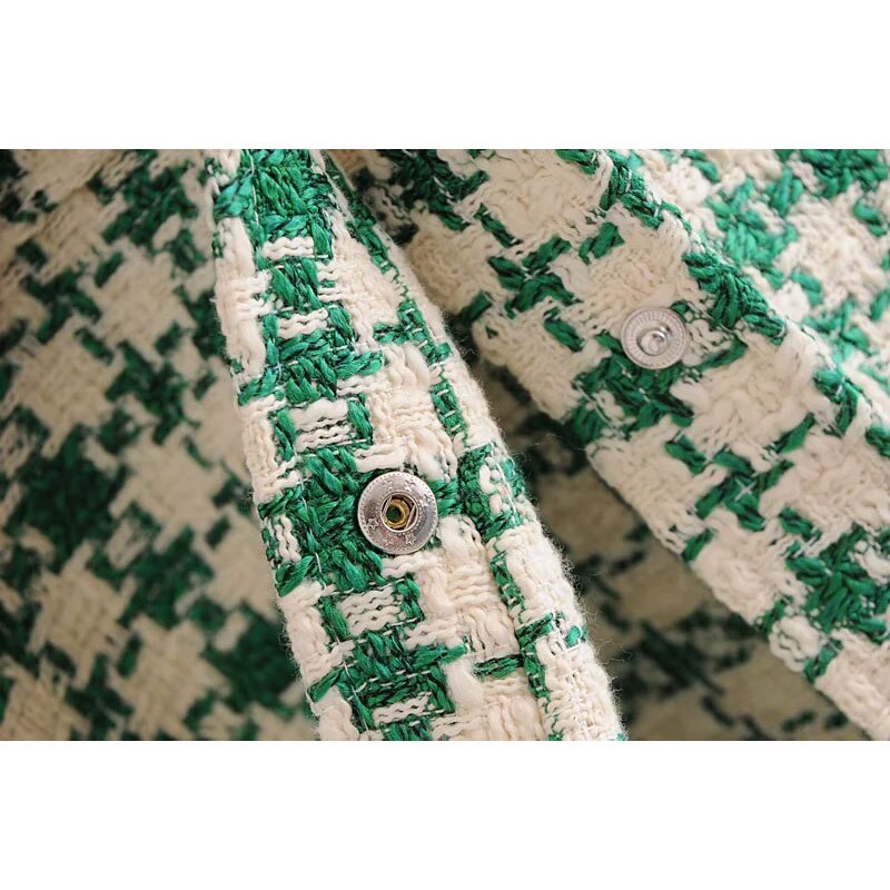 Vintage smarte grønne plaidlommer tweed jakker kvinder side åben turn-down krave frakker kvindeligt overtøj