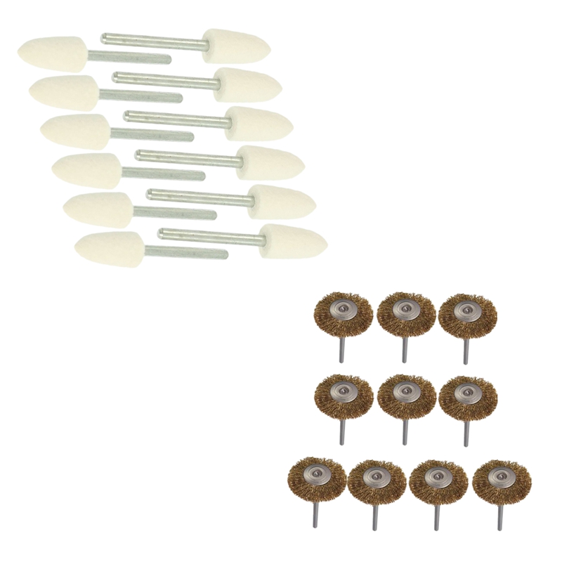 GTBL 12 Pcs Polishing Buffing Tool 8.5Mm Conical Mounted Felt Bobs 3Mm Shank &amp; 10 Pcs Brass Wire Brush Round Brush Disk Brush Cu