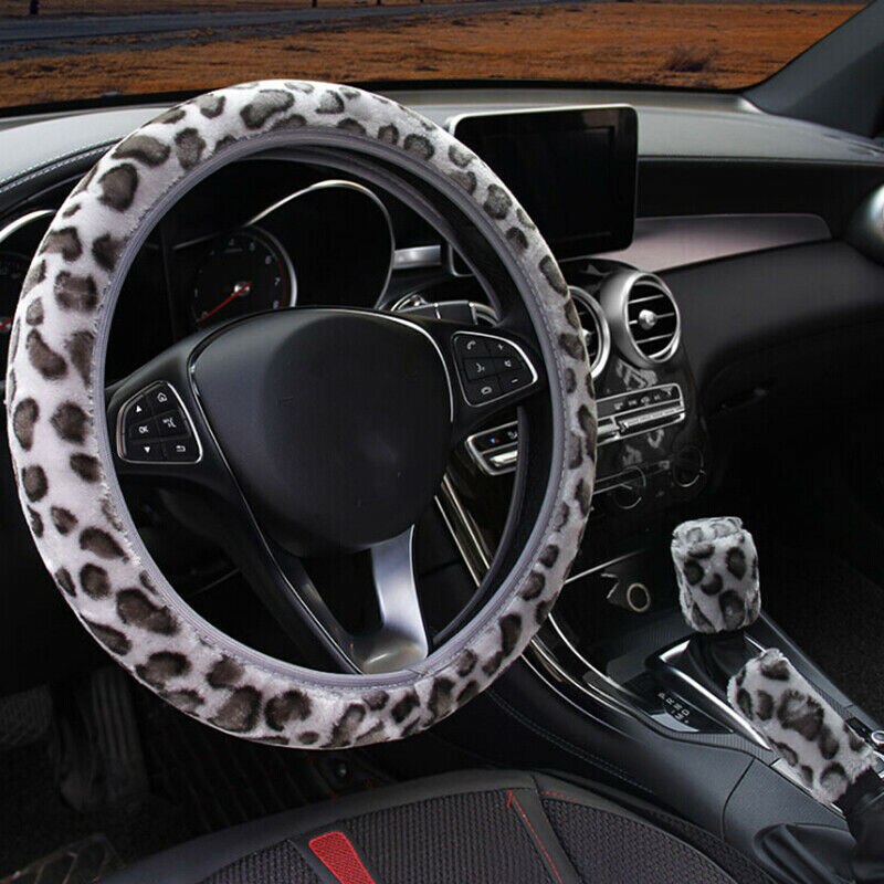 1Set Gray Leopard Fluff Plush Steering Wheel Hand Brake Gear Position Gear Winter Three-piece Fur Cover Car Interior Accessories