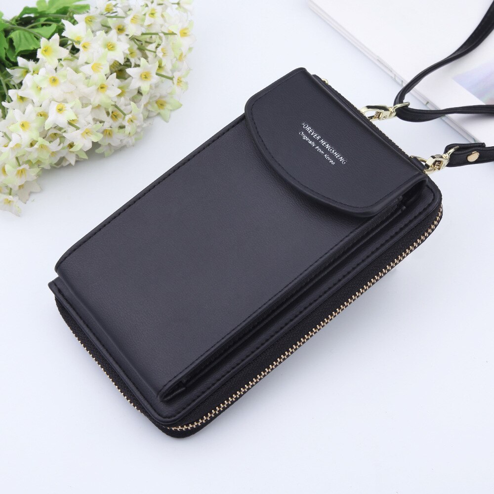 Cartera de cuero sólido para mujer, bolso de hombro con correas, Soporte para tarjeta grande para teléfono móvil, bolso de mano, con bolsillos, novedad de: Black