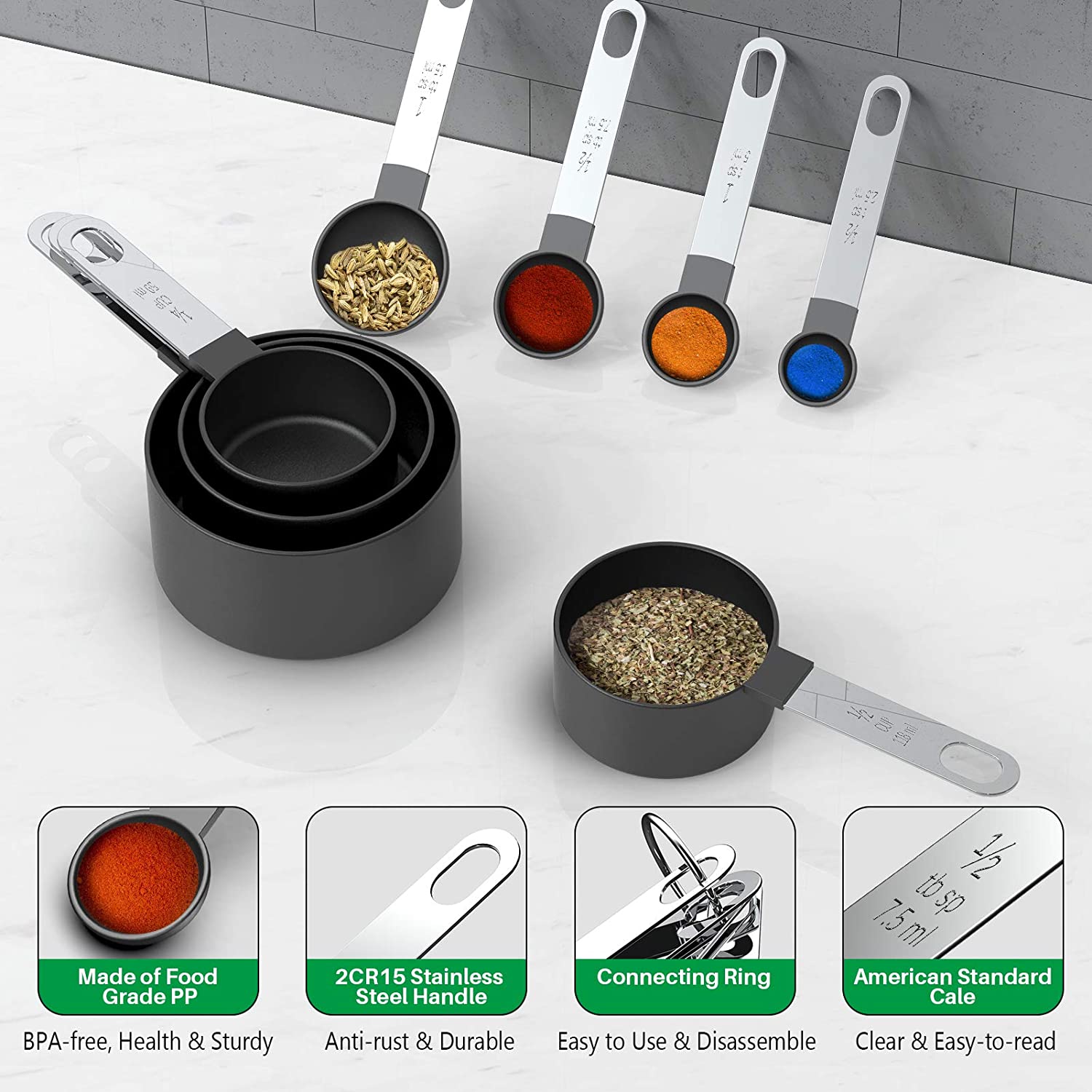 8 Pieces Plastic Measuring Cups and Spoons Set, Measure Cups with Stainless Steel Handle for Dry or Liquid Ingredient