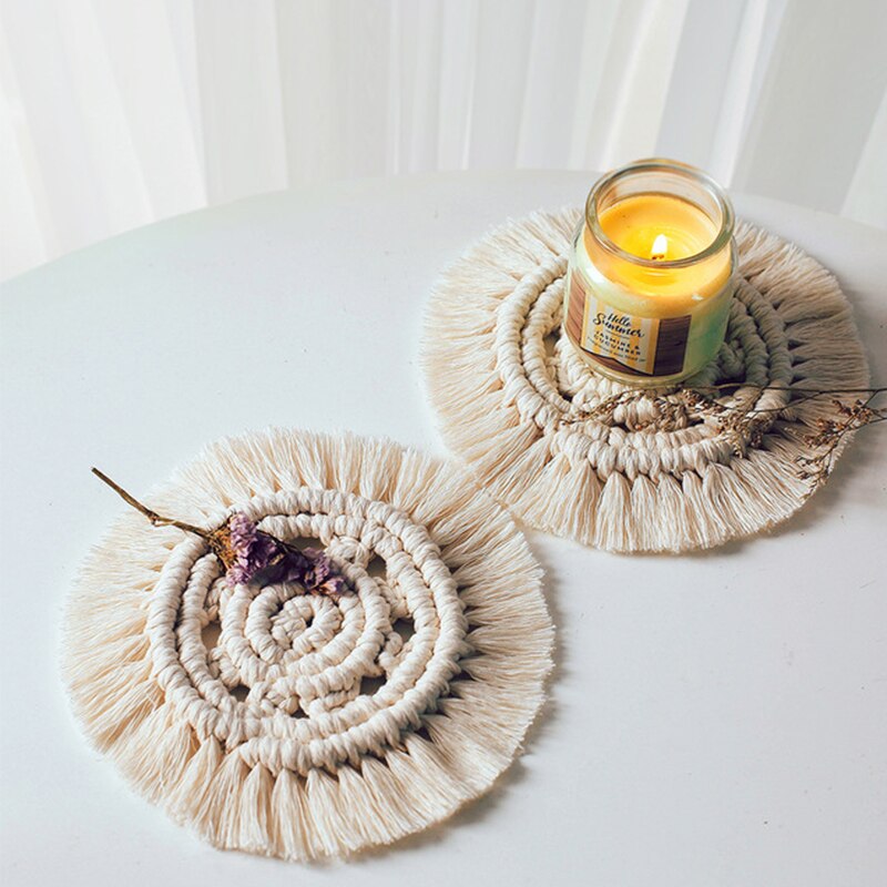 Gevlochten tafelmat, onderzetters, handgeweven wandtapijt, macramé, wanddecoratie, boho-decoratie, huisdecoratie voor kantoor, appartement, bar