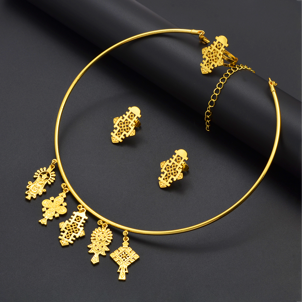 Ethiopian Eritrea Etnische Sieraden Sets Met Cross Chokers Oorbellen Ringen Voor Vrouwen Meisjes Afrika Huwelijksfeest #340006