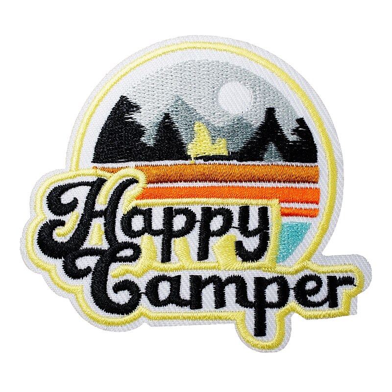 Happy Camper Size:8.2X7.3Cm Doek Patch Geborduurde Applique Naaien Kleding Kleding Accessoires Badges Wit