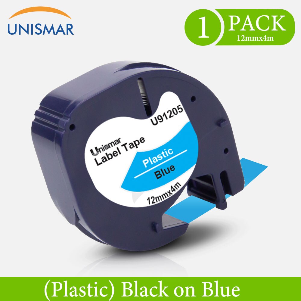 Unismar 1/2 "preto em fita de etiqueta de plástico transparente 12267 16951 16952 compatível para dymo lt etiqueta maker LT-100H plus LT-110T QX-50: Black on Blue