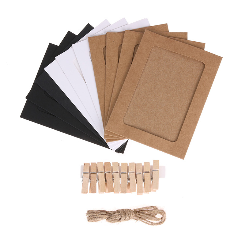 10Pcs DIY Kraft Paper Photo Frame 3-7 inch Hanging Wall Photos Picture Frame Kraft Paper With Clips and Rope For Family Memory: Mix / 4 inch