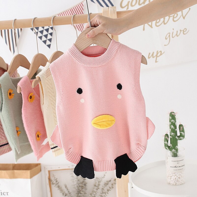 Unisex Baby Cartoon Duck Knitted Vest Kids Sweater Toddler Boy Girl Pullover Child Jacket Fall Clothes Tops: 88205-pink / 5T