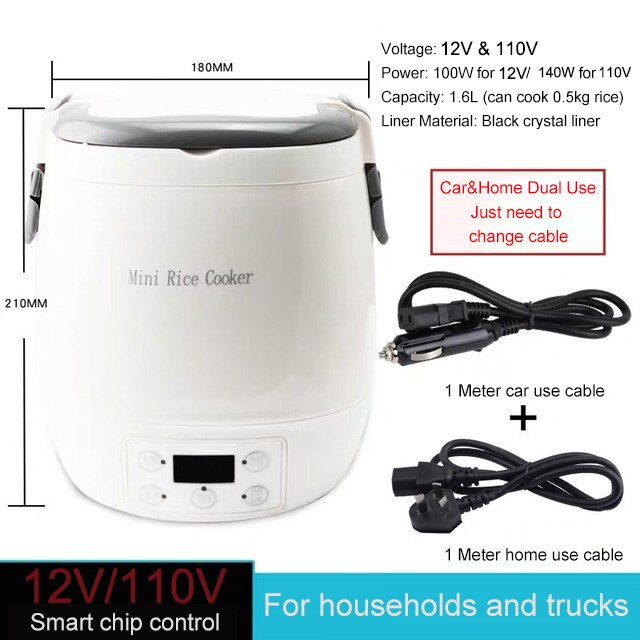 DMWD-Mini olla arrocera eléctrica para uso en coche, vaporera de alimentos, huevos, sopa, gachas, máquina de cocina, fiambrera con calefacción, 1.6L, 12V, 24V: 12V and 110V use W