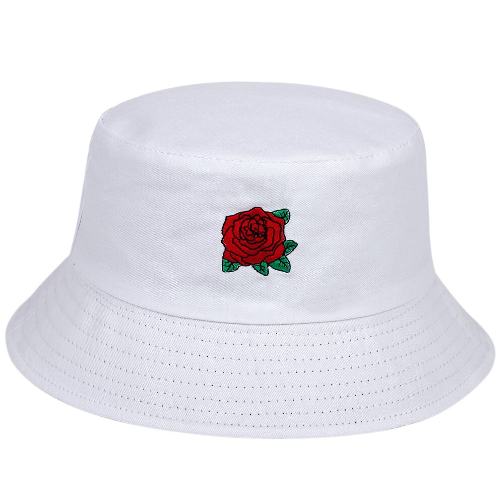 Rose embroidery Men Women Panama bucket hat summer outdoor sun hat fishing fisherman hat cotton wild panama hats gorras: White