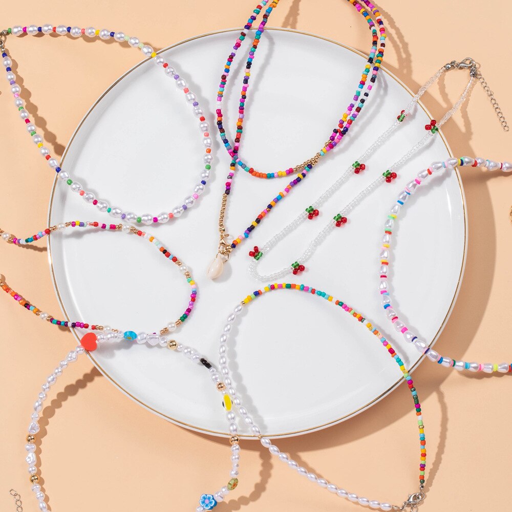 Trendy Bead Strand Beaded Choker Necklace For Women Bohemian Colorful Handmade Short Daisy Pearl Necklace Collar Jewelry