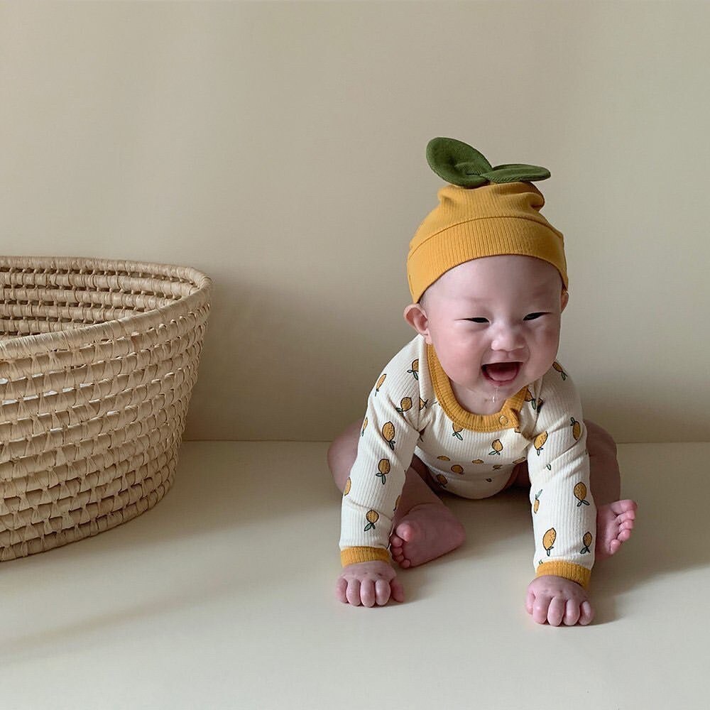 Nyfødt baby pige dreng bodysuit bomuld efterår citron print jumpsuit langærmet baby bodysuit med hat 2 stk baby tøj outfits