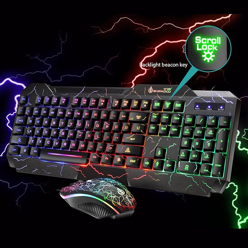 Shipadoo D620 Gaming Keyboard and Mouse Set, Colorful Crack Backlit USB Computer Gaming Wired Keyboard and Mouse Set