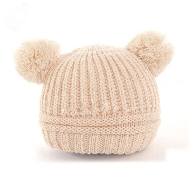 Gorro de punto de lana con dos pompones dobles para niños y niñas de 1 a 3 años, invierno,: Beige
