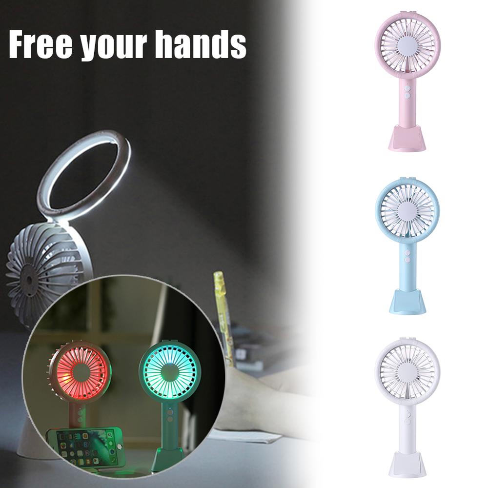 Mini Handheld Fan USB Rechargeable Handheld Desk Fan 3 Speed Adjustable Cooling Fan LED Ring Light with Phone Stand Base