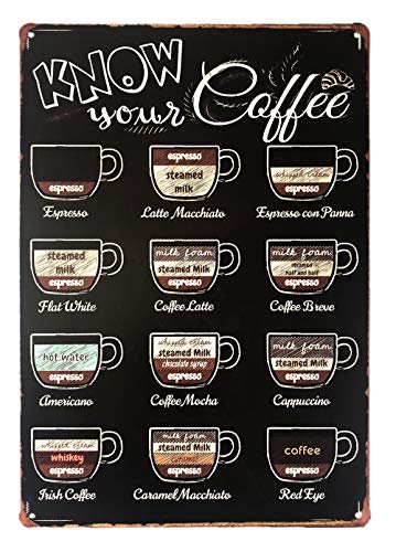 Funny Coffee Signs, Coffee Menu Know Your Coffee Vintage Retro Metal Coffee Signs Home Decor Metal Painting Tin Sign Wall