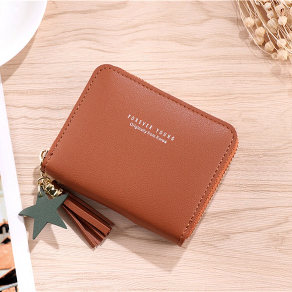 Tofs kvinnor plånbok liten söt plånbok kvinnor kort läder kvinnor plånböcker dragkedja portföljer portefeuille kvinnlig handväska clutch: Brun