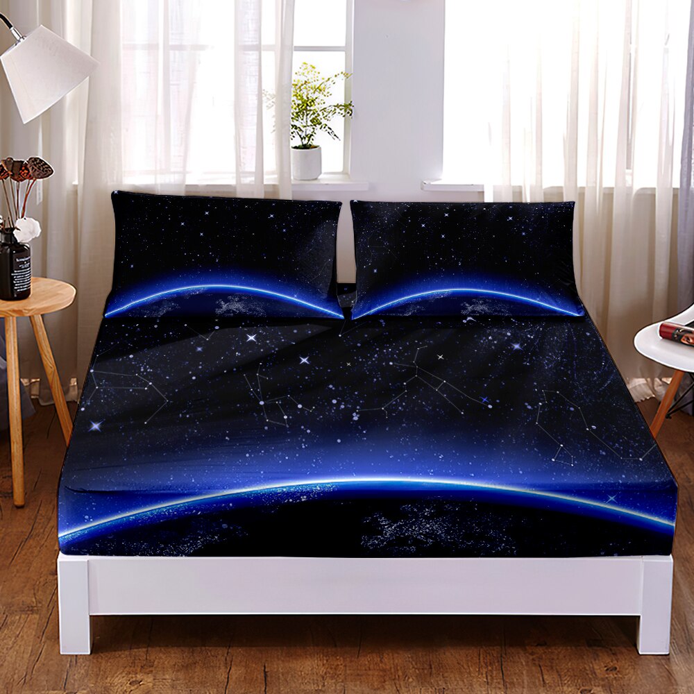 3D Print Custom Modern Outer Space Starry Sky Fitted Sheet Bedroom Home Decor Elastic Band Bed Sheet Queen King Adult