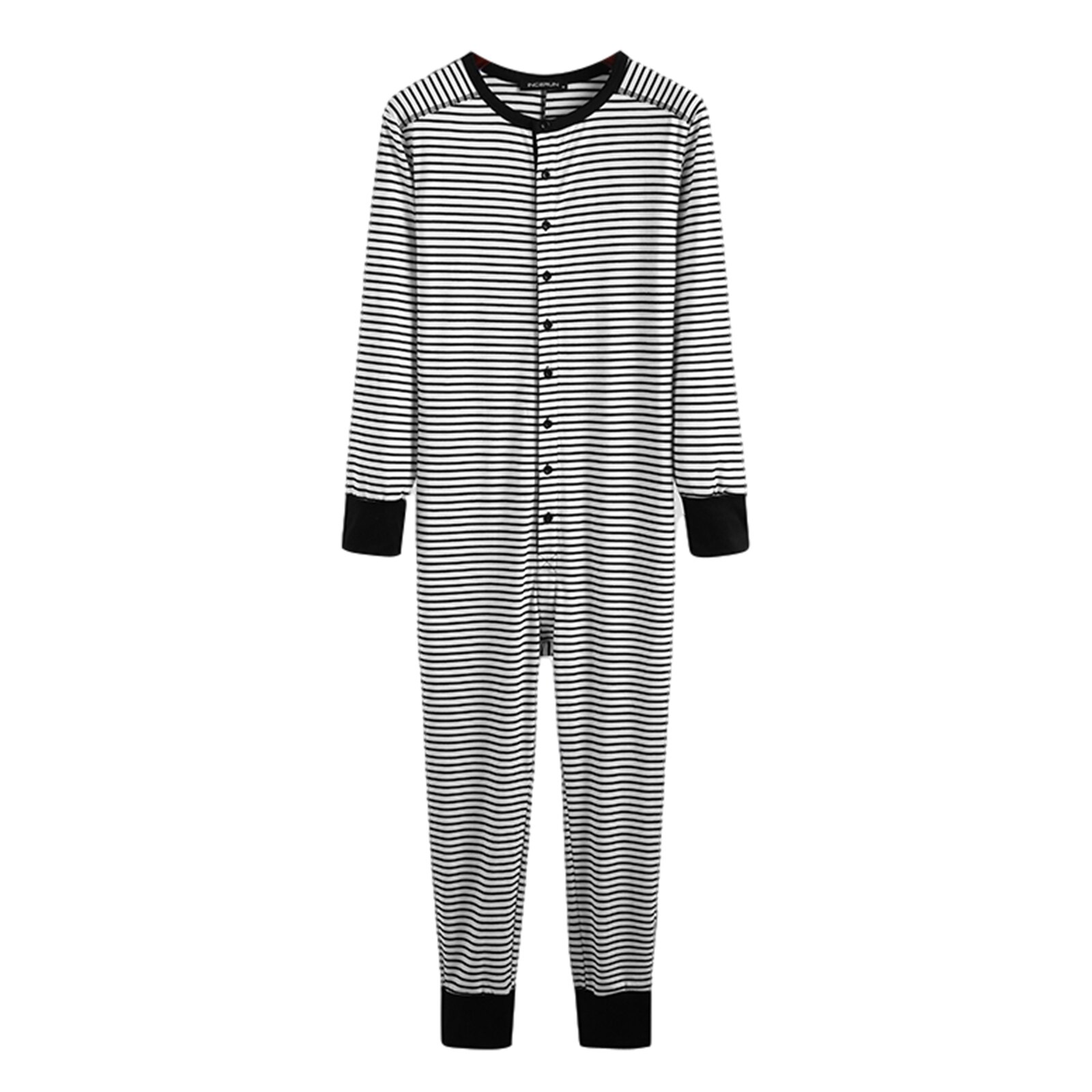 Pijama de una pieza para hombre, estampado a rayas manga larga cuello redondo botón abajo mono ropa de dormir