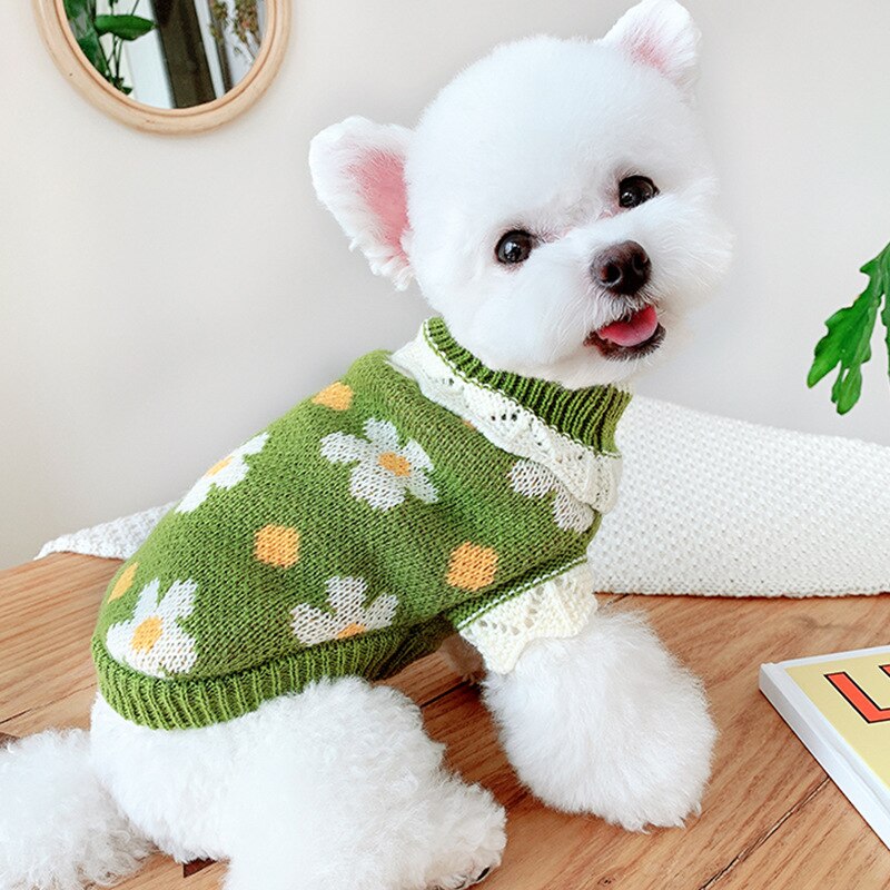 Pull à fleurs de marguerite pour chien, manteau d&#39;hiver en tricot, vêtement pour chat, yorkshire, Schnauzer, bouledogue français