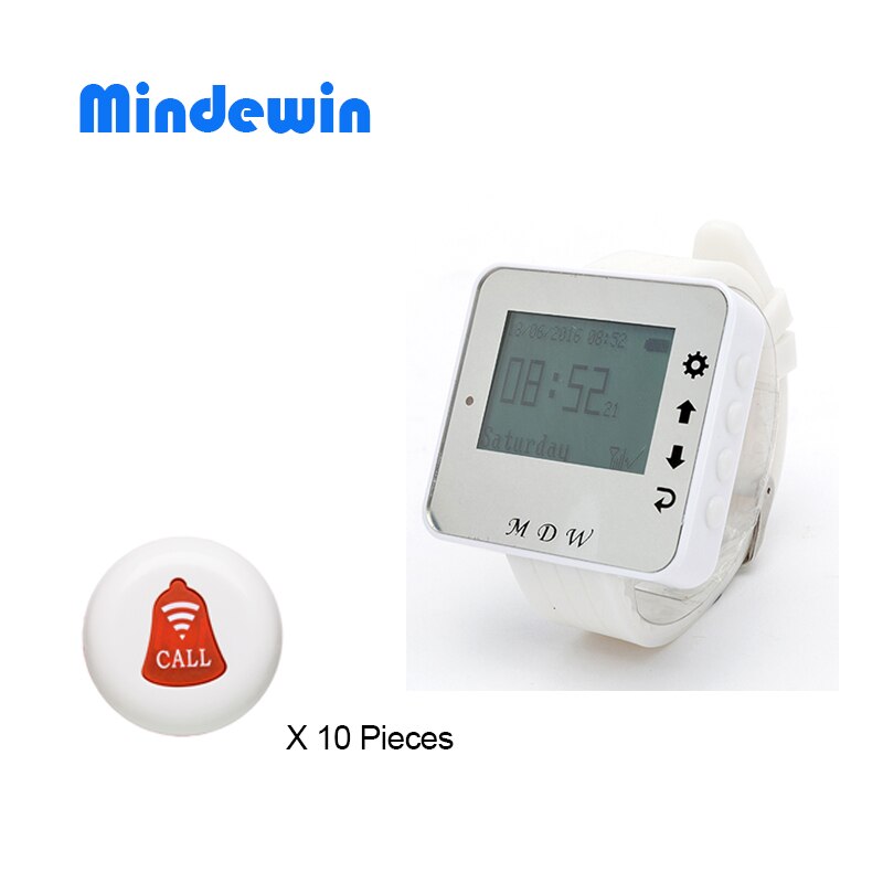 Mindewin trådlöst samtalssystem 10 st anropsknappar och 1 st armbandsur personsökare restaurang servitör service ringklocka system: Vit