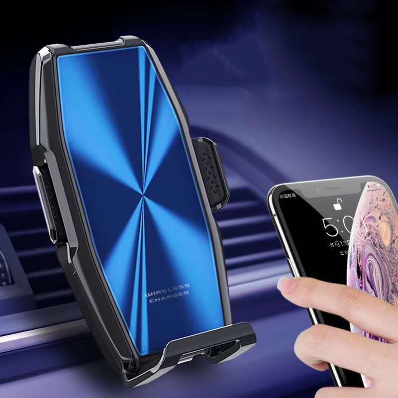 Cargador de teléfono inalámbrico para coche Qi de 15W, sujeción automática, soporte de teléfono de carga rápida para Huawei P30Pro, Xiaomi 10, iPhone 11, SamsungS10: Blue